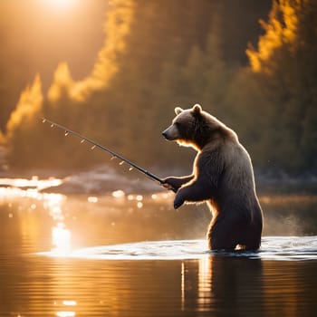 Golden Catch: A Bear Fishing at Sunrise