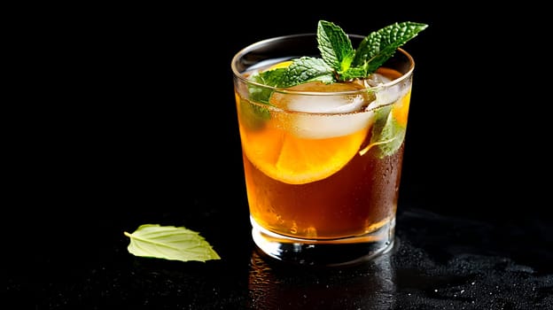 A refreshing glass of iced tea garnished with mint leaves, set against a dark backdrop.