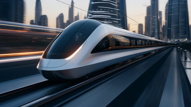 A sleek high speed train racing through a futuristic cityscape, symbolizing modern transportation.