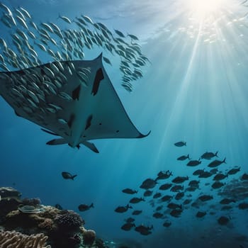 Underwater Ballet: Manta Ray and Fish Swarm in Japan