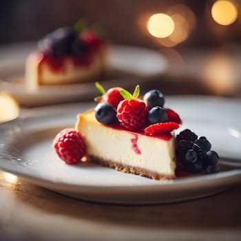 Elegant Indulgence: Cheesecake and Berries in Golden Light