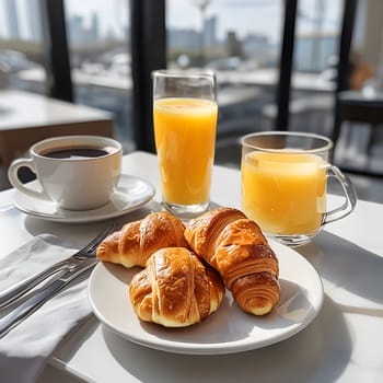 Savoring Breakfast: Fresh Croissants with Orange Juice and Coffee
