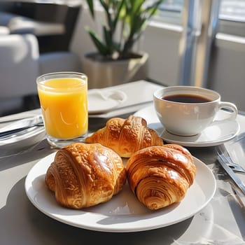Delicious Breakfast: Croissants, Orange Juice, and Coffee