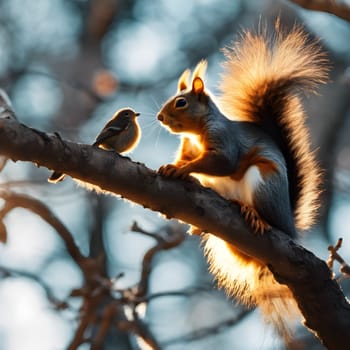 Sunlit Stillness: Squirrel and Bird Share a Peaceful Moment
