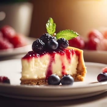 A Sweet Slice: Cheesecake with Berries in Gentle Sunshine