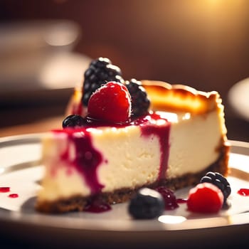 Golden Delight: Cheesecake Slice with Fresh Berry Garnish