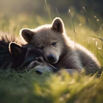 Bonded by Nature: A Bear Cub and Wolf Pup Resting Together