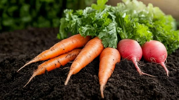 Freshly harvested carrots and radishes lie on rich soil, showcasing natures bounty and organic farming.