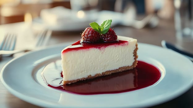 A slice of creamy cheesecake topped with fresh raspberries and mint, served on a white plate with berry sauce.