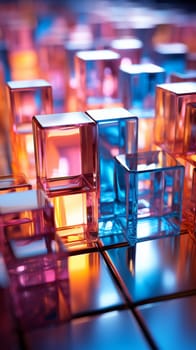 Abstract background of reflective neon purple, blue and orange glass cubes with copy space, AI generated