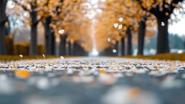 Autumn leaves gently fall onto a tree lined pathway, creating a picturesque scene of seasonal beauty.