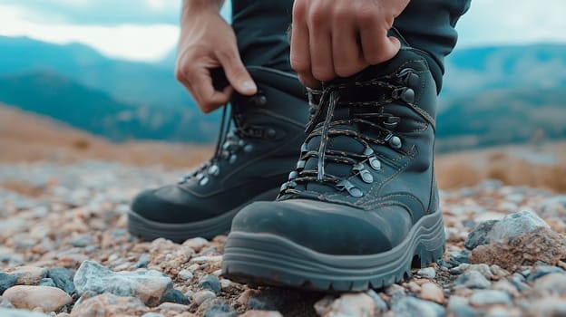 Close up of a person tying hiking boots on a rocky trail, preparing for an outdoor adventure.
