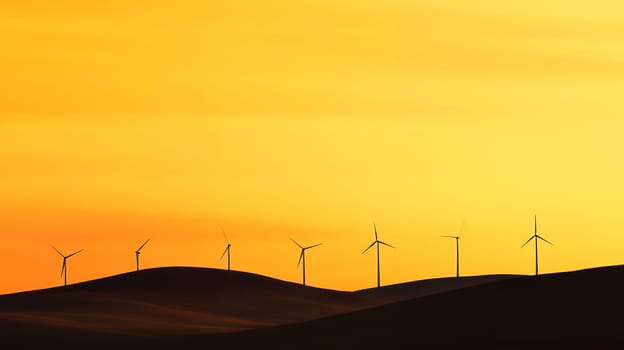 A row of wind turbines silhouetted against a vibrant orange sunset sky, symbolizing renewable energy.