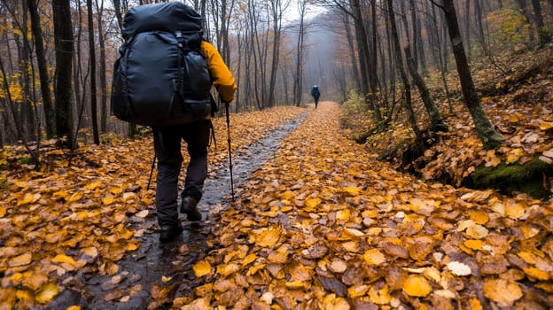 Hikers with backpacks trekking through a forest path covered in golden autumn leaves.
