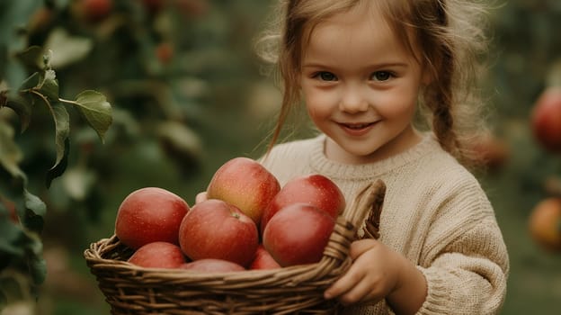 Smiling girl holding a basket of freshly picked apples in a vibrant orchard, radiating joy and natures bounty.