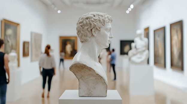 Marble sculpture displayed in a modern art gallery with visitors exploring the exhibition, appreciating creativity.