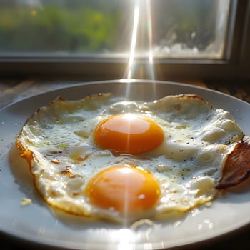 Golden Morning: Sunlit Sunny-Side-Up Eggs on a Cozy Breakfast Plate