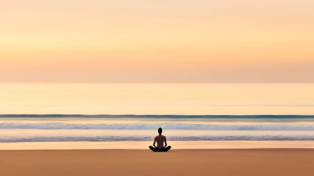 Person meditating on a serene beach during sunset, embracing tranquility and peace in nature.