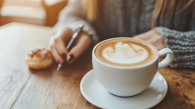 Close up of a cup of coffee with latte art on a wooden table, a person writing in a cozy setting.