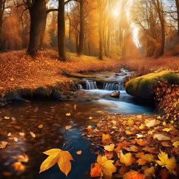 Whispers of Autumn: A Panoramic View of a Forest Stream on a Sunny Fall Day