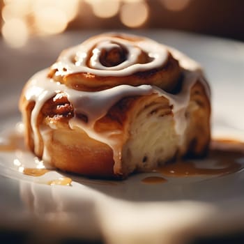 Rustic Sweetness: A Glazed Cinnamon Roll in Golden Warmth