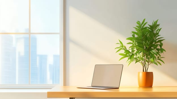 A clean office desk with a laptop and a potted plant, bathed in natural light from a large window.