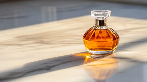 Elegant perfume bottle casting shadows on a marble surface, illuminated by warm sunlight, with copy space.