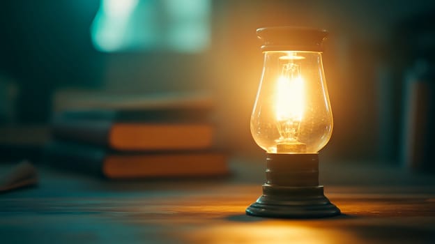 Warmly glowing vintage lantern illuminating a dim room, casting soft light over stacked books.