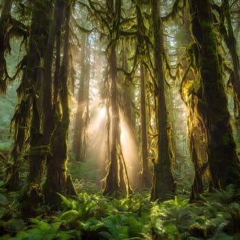 Golden Beams Through Ancient Pines