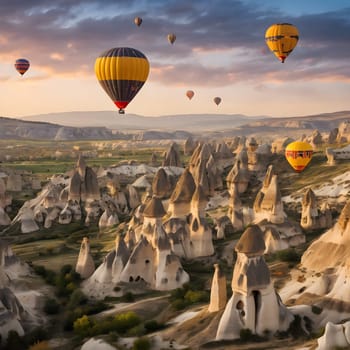 Sunrise Glow: Hot Air Balloons Over Cappadocia's Unique Rock Formations