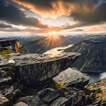Trolltunga: The Rock Outcrop Bathed in Dramatic Sunrise Light