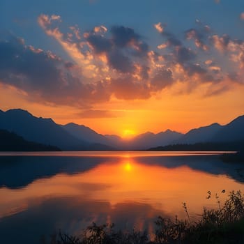 Serene Sunset: Tranquil Lake with Majestic Mountains