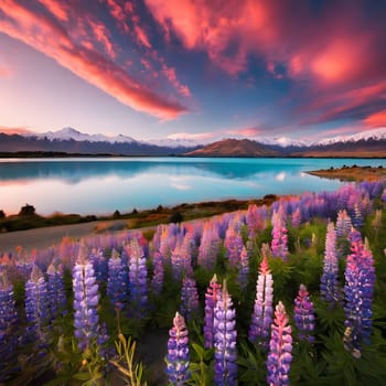 Nature's Canvas: Vibrant Lupines and Sunrise Reflections