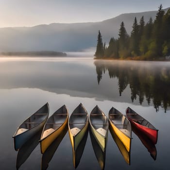 Fog Lifts, Revealing Canoes and Distant Mountains