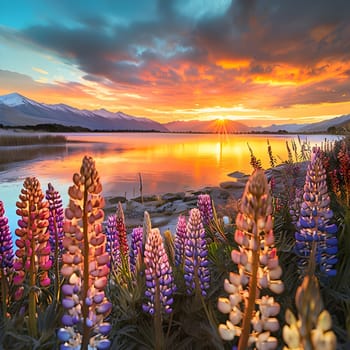 Fiery Sunrise: Lake Tekapo and Vibrant Lupines in Bloom