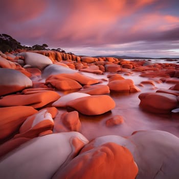Sunset Blaze: Red-Orange Hues of Bay of Fires