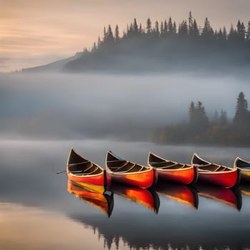 Misty Morning Calm: Canoes Resting by the Lakeshore