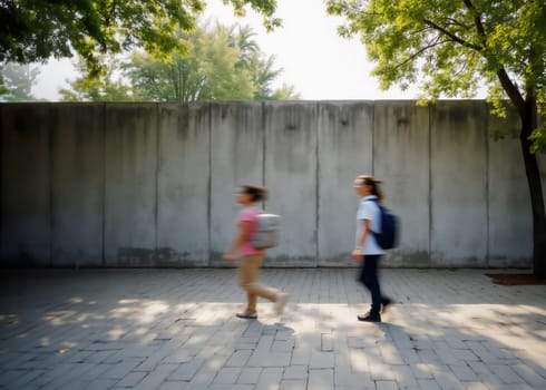 Two young students with backpacks walk alongside a concrete wall under tree shade, creating a sense of calm and simplicity in an urban setting. Ideal for themes of education, youth, and city life.