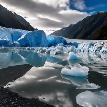 Fox Glacier’s massive ice fields capture a glacial wonder, with light reflecting off the pristine blue ice. This stunning landscape portrays the breathtaking, untouched beauty of New Zealand’s wilderness
