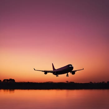 Chasing the Sun: Airplane Lift-off in a Colorful Morning Sky