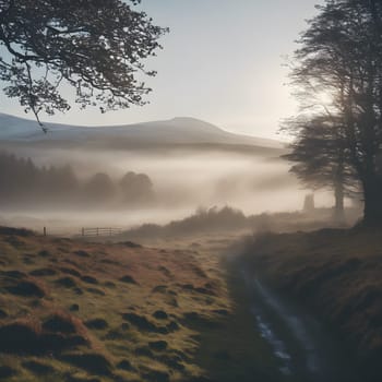 Highland Dreams: Morning Mist Over the Moorland