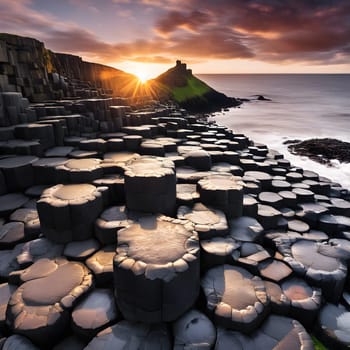 Sunset Radiance: Basalt Columns of Giant's Causeway in Golden Light