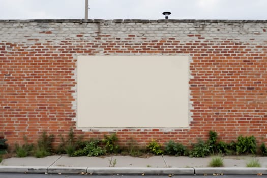 A red brick wall featuring a central blank section, ideal as a canvas for street art, advertisements, or urban design. Surrounded by plants and sidewalk, this space invites creativity