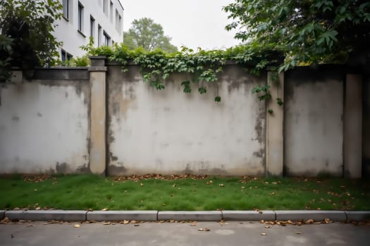 A weathered concrete wall with climbing plants at the top, framed by a patch of green grass and fallen leaves. The scene conveys themes of urban nature, decay, and quiet solitude.