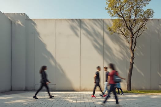 A group of people walking past a large, minimalist wall in an urban setting with tree shadows casting across the wall. The scene evokes themes of modern lifestyle, movement, and city life.