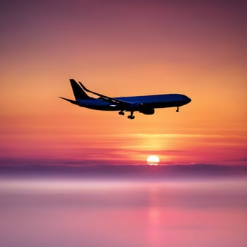 Golden Flight: Airplane Silhouette Soaring at Daybreak