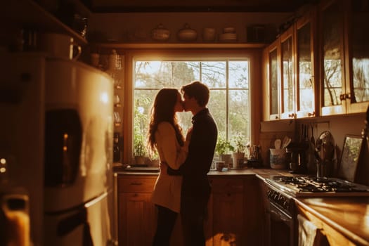 Young couple kissing in the kitchen of their cozy home, enjoying a romantic moment at sunset