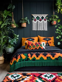 A vibrant bohemian bedroom featuring colorful textiles and macrame wall art, surrounded by lush green plants.