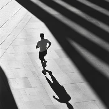 Black and white photo of a runner casting a long shadow on urban pavement, creating a striking silhouette.