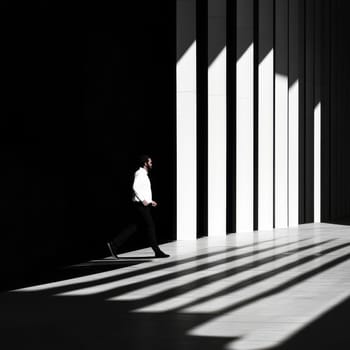 A man in a white shirt walks through a striking architectural space with dramatic shadows and lines.